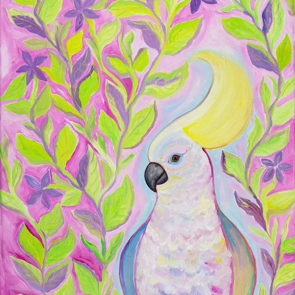 Cockatoo Hairdo Art Print Oil Painting tropical bird plants flowers whimsical - Picture 10 of 10